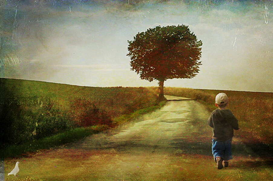 Ребёнок один на просёлочной дороге.