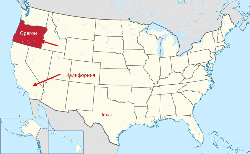 Орегон на карте США, взято с Яндекс.Картинки