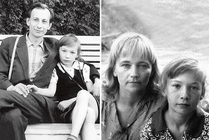 Елена Коренева в детстве с отцом и мамой.