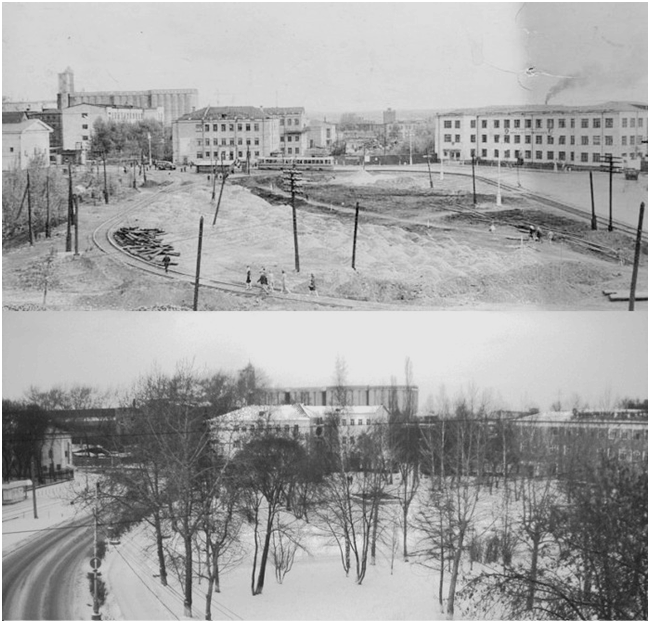 Площадь перед заводом Дзержинского, фото верхнего снимка сделано в 60 годах, в середине ее река Данилиха открыта, на нижнем ,поздний снимок, она в трубе, разбит сквер, 