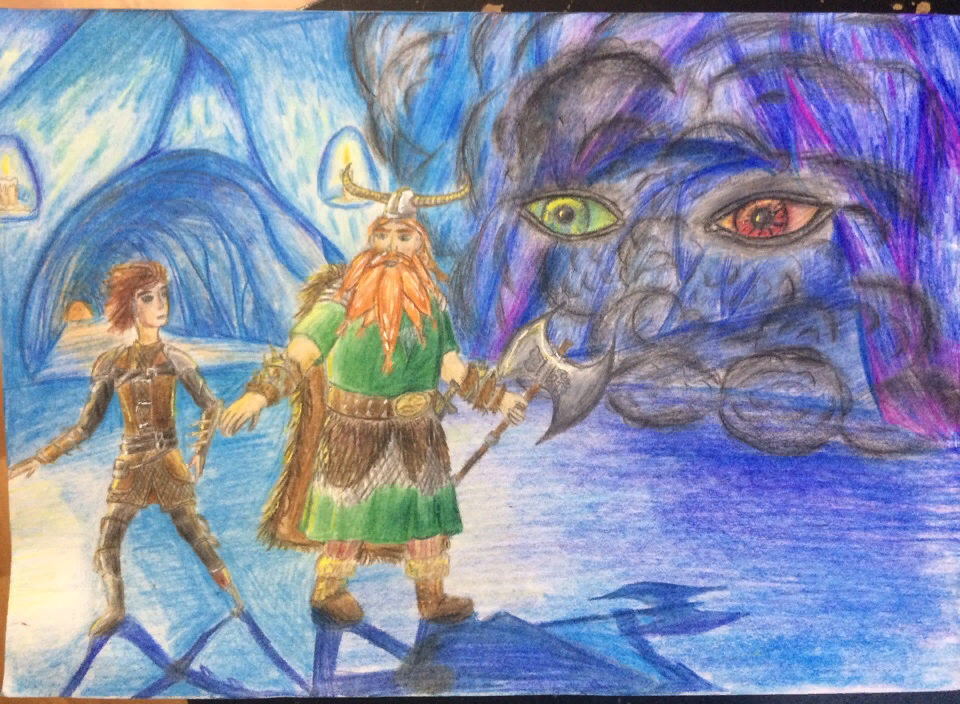 "Стоик Хеддок ограждает Иккинга от загадочного чудовища в тумане" - Зарисовка одной из читательниц к первой главе рассказа "Холод и Молния".