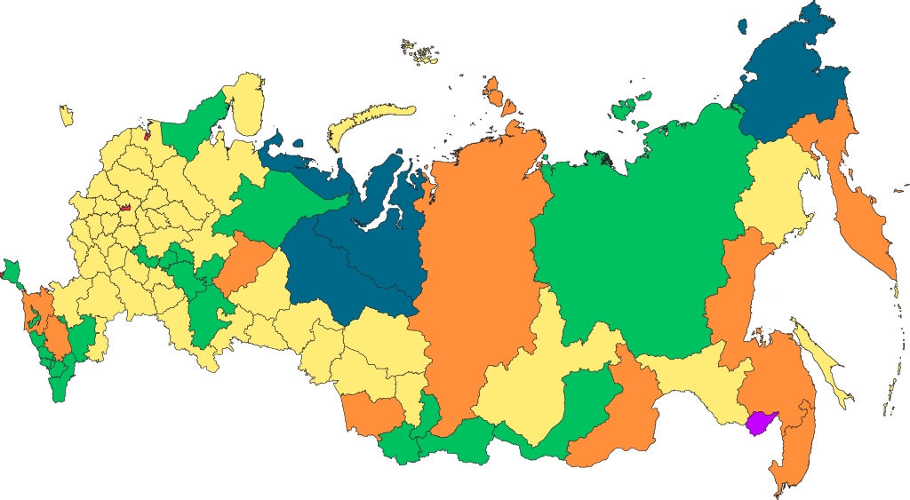 Красный - города федерального значения; жёлтый - области; оранжевый - края; зелёный - республики; синий - округи; фиолетовый - автономная область.