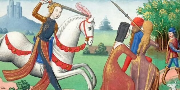 Жанна прогоняет проституток мечом. Миниатюра из рукописи Марсьяля д’Оверни, около 1484 г. Изображение: Wikimedia Commons📷

