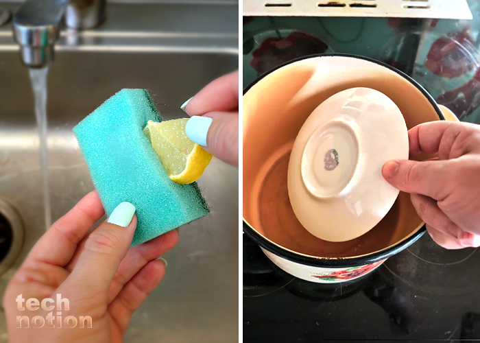 Для чего в губку для посуды надо класть дольку лимона, а блюдце на дно закипающей кастрюли / Изображение: дзен-канал technotion