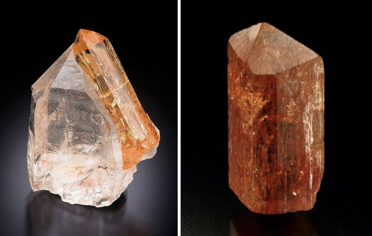 Слева - кристалл империал топаза с кварцем (горный хрусталь), справа - насыщенного цвета империал топаз (правда, много включений). Статьи выходят каждый день после 18:00 по мск.