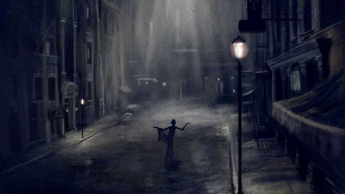Темная улица. Темный переулок. Мрачный дождливый город. Темная улица с фонарями.