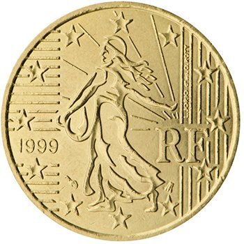 
50 центов 1999 года. На аверсе воплощается национальная идея Франции об ее уникальности и независимости, несмотря на вхождение в ЕС. Изображен сюжет с сеятелем.