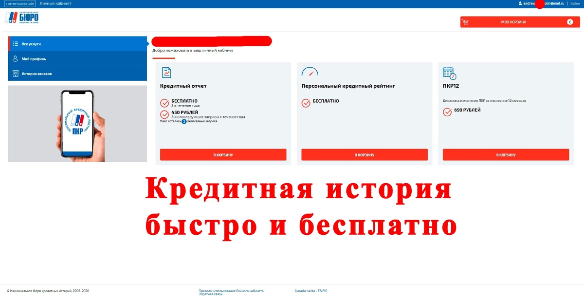 Скриншот личного кабинета с сайта www.nbki.ru