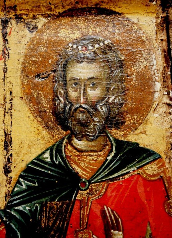 Фрагмент иконы святых мучеников Мины, Ермогена и Евграфа. Византия, XIV век