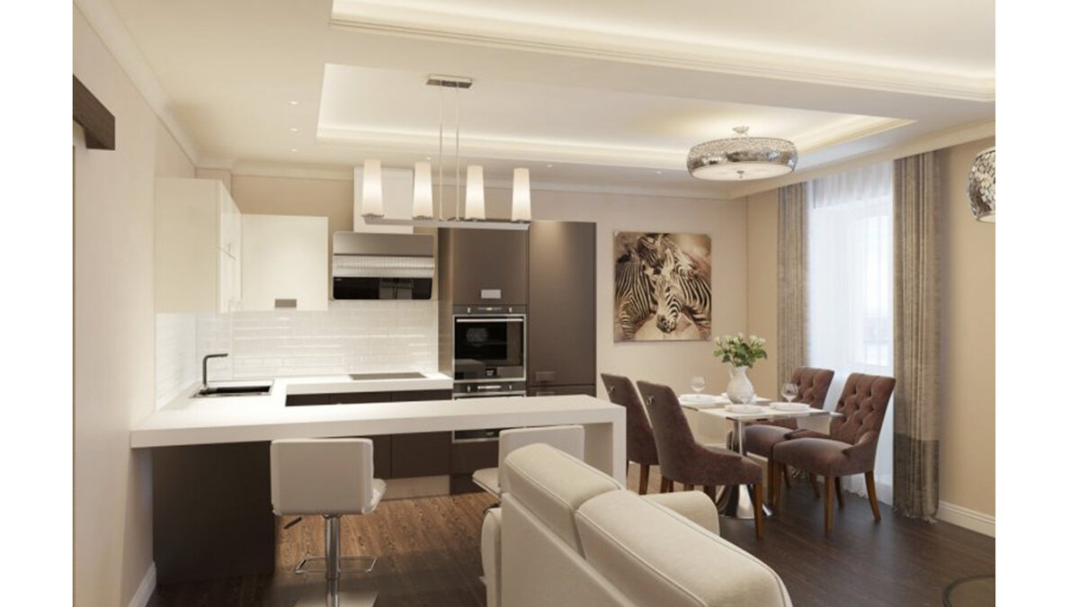 Тёплый и лаконичный вариант в стиле ар-деко, встроенная техника незаметно вписывается в интерьер, 3 невыразительных, но стильных источника света: над рабочей и обеденной зонами и декоративный светильник на стене