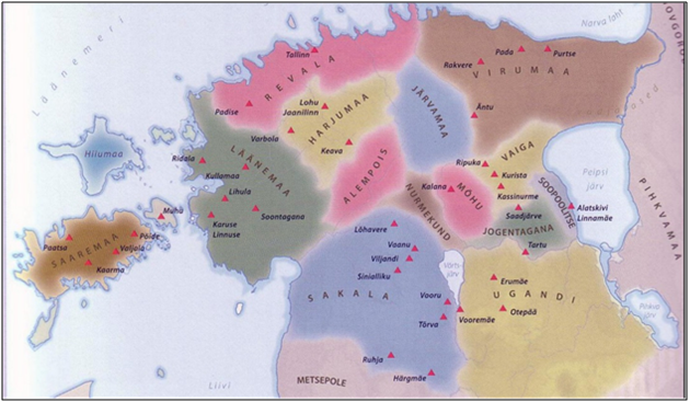 Рис.2.  Мааконды (области) с племенными городищами на территории древней Эстонии в XIII веке по данным Р. Кенкмана