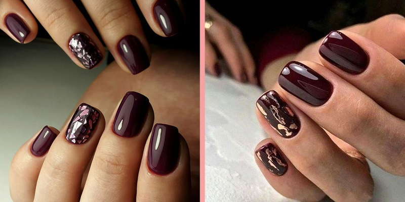 Бордовый маникюр с фольгой