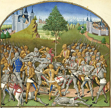 «Битва тридцати времен Столетней войны» (1351). Миниатюра из «Сборника хроник из истории Бретани» Пьера ле Бу, 1480 г.