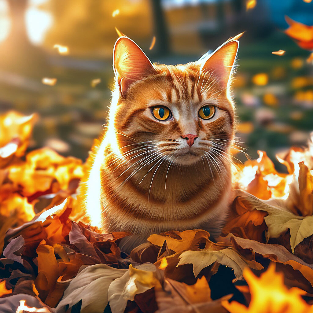 Кот в осенней листве. Нейросеть Шедеврум.