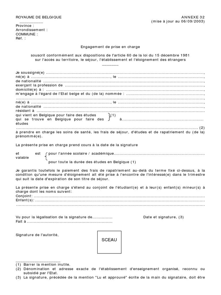 Образец annexe 32 (bijlage 32)
