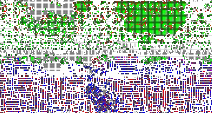 Появляются цепочки ботов - "лабиринты"  и первые колонии.