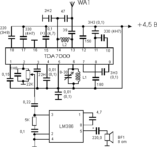 Рис.1. Схема приемника TDA7000 (174XA42)