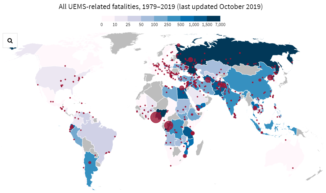 Число погибших от взрывов боеприпасов с 1979 по октябрь 2019, данные - Small Arms Survey