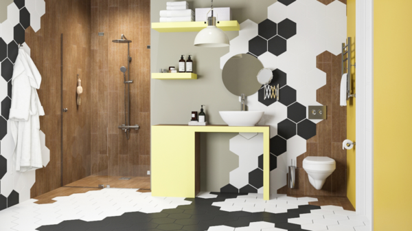 Ванная комната с геометрическим орнаментом. Фото: Леруа Мерлен.