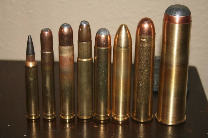 Слева направо: .300 Win Mag, .458 Lott, .550 Magnum, .505 Gibbs, .600 Overkill, .700 AHR, 700 Nitro Express, 4-й штуцерный