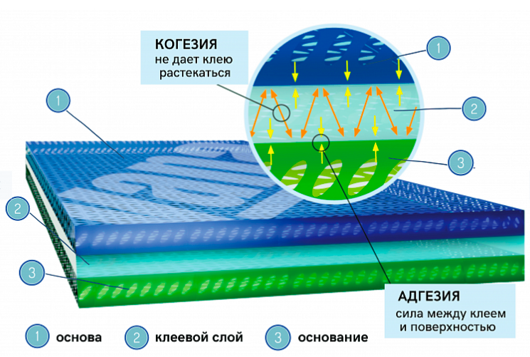 На картинке видно, что в клеевом слое работают разные силы. Когезия — это внутренняя сила клея. Адгезия — сила сцепления ленты с основанием. Как правило, чем выше адгезия, тем ниже когезия. Для долговечного склеивания решающую роль играет соотношение между когезией и адгезией.