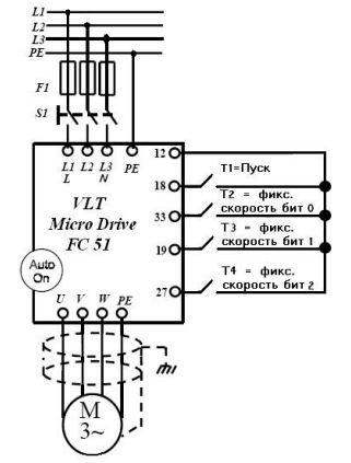 Рисунок 1. Принципиальная электрическая схема подключения преобразователя частоты VLT Micro Drive