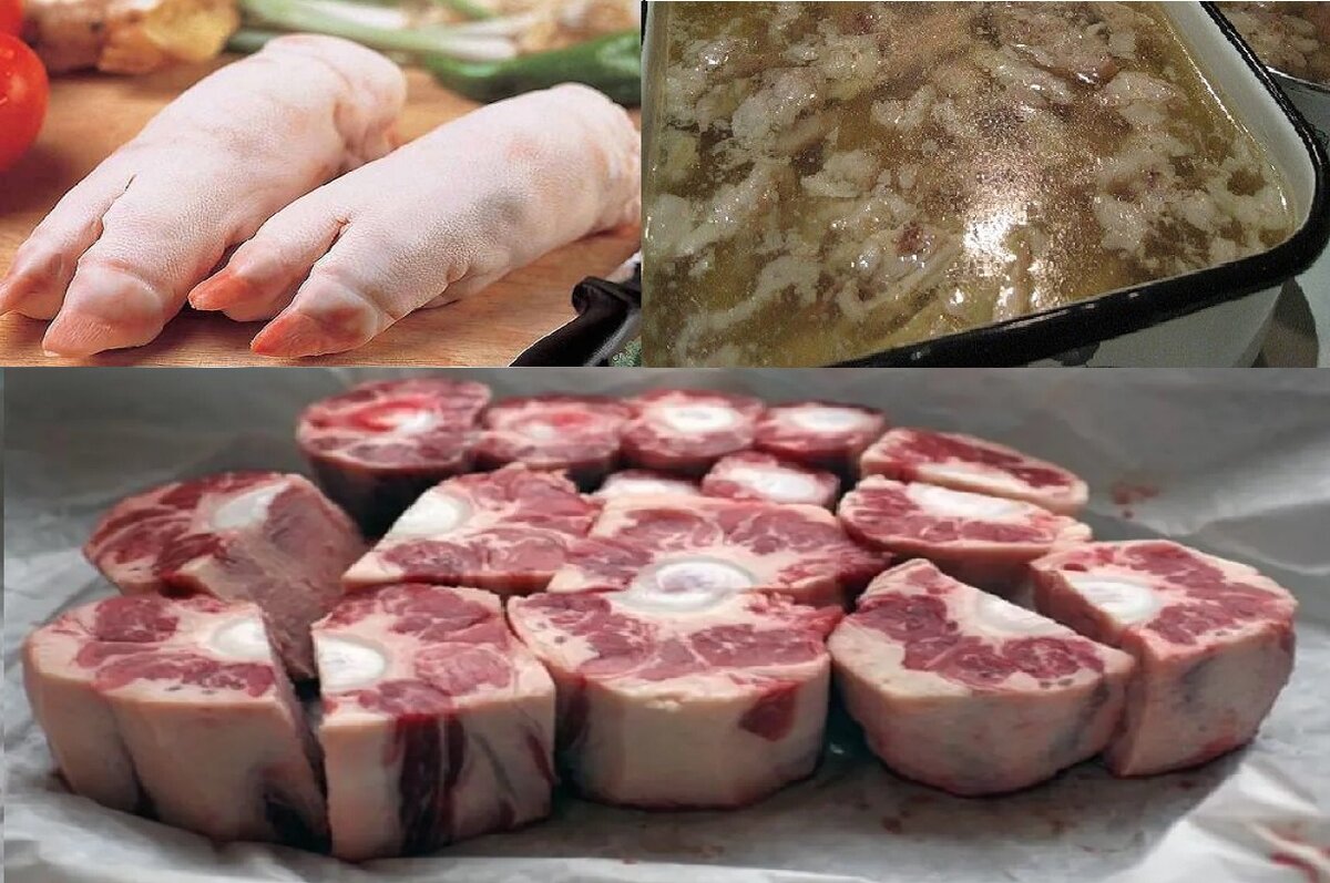 Свиные ножки и бычий хвост (англ. oxtail) = холодец/студень. Коллаж автора