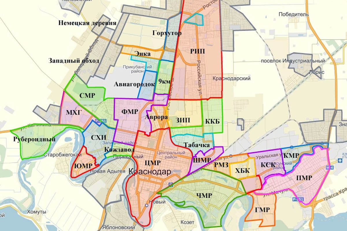 Районы Краснодара на карте, описание районов Краснодара