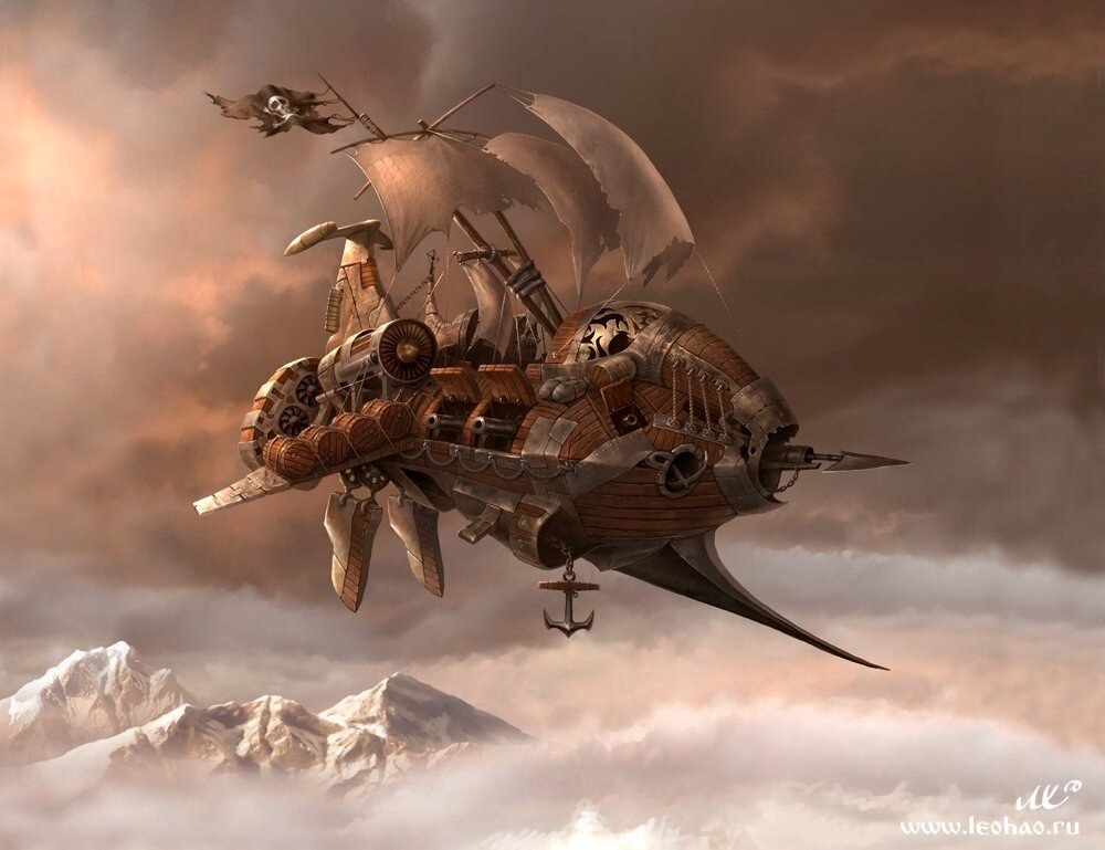 Пиратский корабль. Стимпанк. Художник Лео Хао.