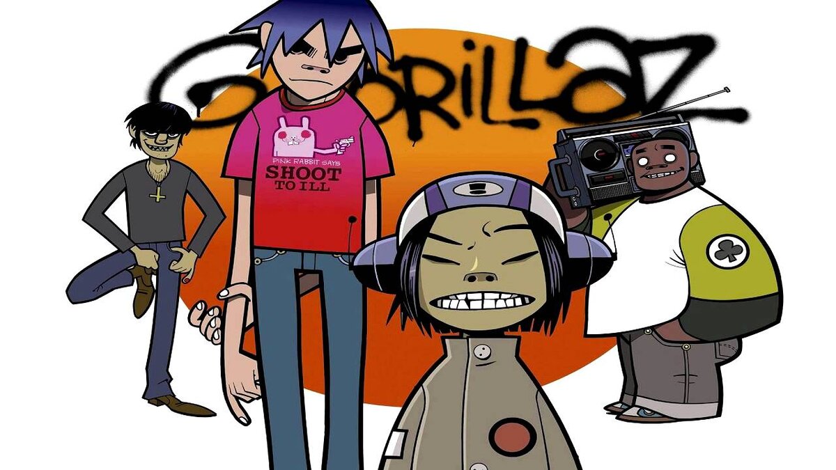 Участники виртуальной группы Gorillaz во времена первого альбома. Слева направо: Мёрдок (бас-гитара), 2-D (вокал), Нудл (гитара), Рассел (ударные).