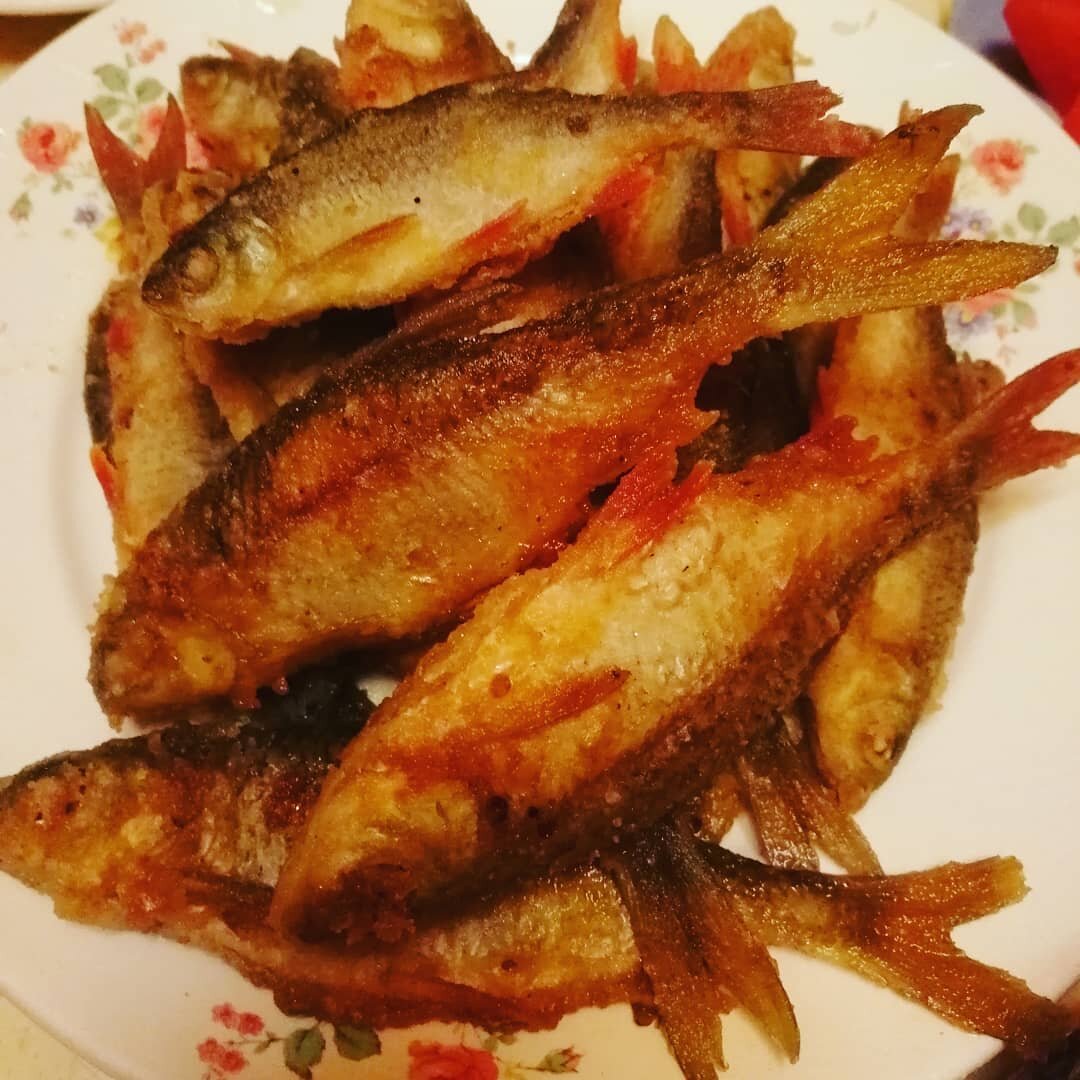Чем еще можно порадовать себя на природе? Любительская рыбалка🐟? Да, пожалуй!

🔹🔸🔹
Ингредиенты:
- рыбка (плотва, карась)
- соль (по вкусу)
- мука (для "кляра")
- масло растительное (для жарки)
🔸🔹🔸
Приготовление:
Почистить рыбку, посолить, обволять в муке и обжаривать до хрустящих хвостиков😜