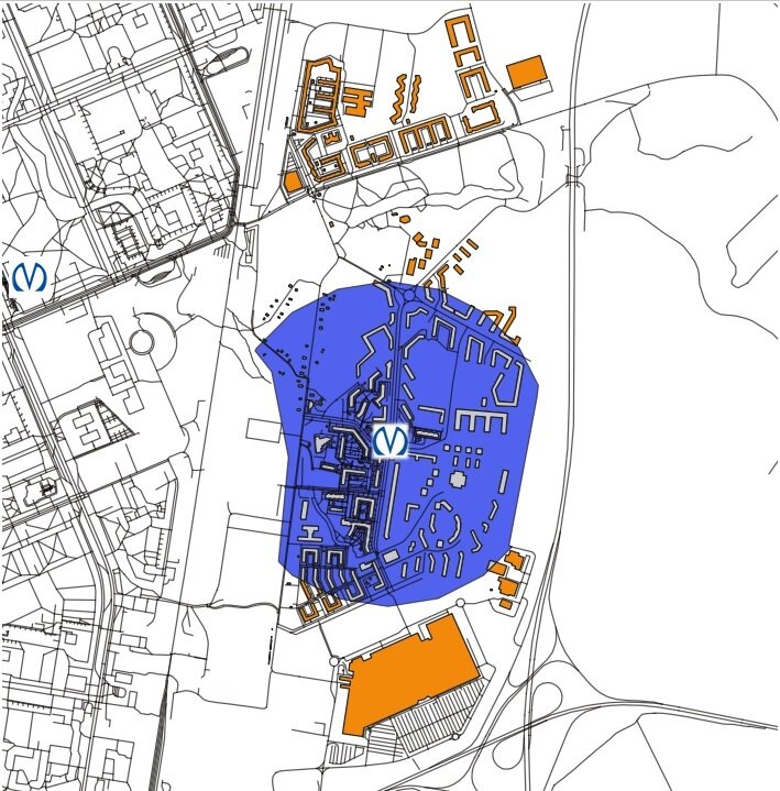 Пешеходная доступность станции "Кудрово" при её самом идеальном расположении