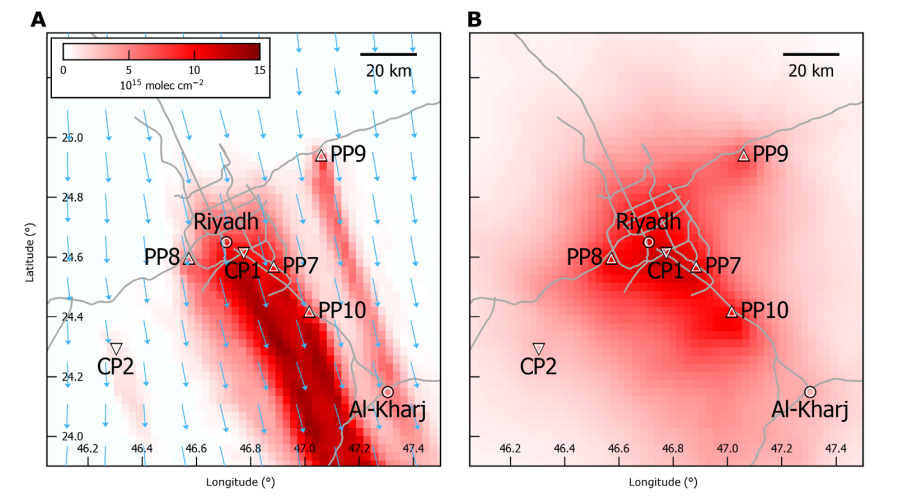Рис. 1. Тропосферный столб NO2 над Эр-Риядом по данным TROPOMI. (A) Одиночные замеры 17 декабря 2017 г. Стрелки указывают векторы ветра по данным ECMWF на высоте 450 м над землей. Серыми линиями показаны автомагистрали и магистральные дороги (20). Символами отмечены центры городов (o), PP (D) и CP (∇). См. таблицу S1 для местоположений заводов и ссылок. (B) Среднее временное значение с декабря 2017 г. по октябрь 2018 г.