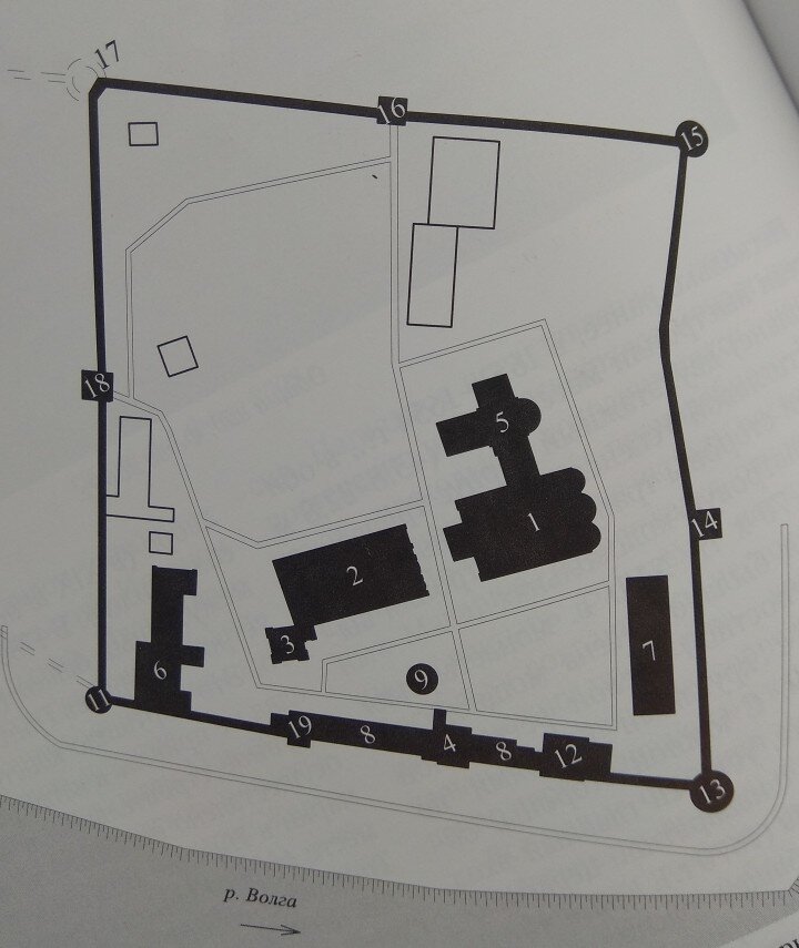 План Макарьева монастыря. 1 – Троицкий собор; 2 – Успенская церковь; 3 – колокольня; 4 – церковь Михаила Архангела; 5 – Макарьевская церковь; 6 – настоятельский корпус; 7 – восточный корпус келий; 8 – жилые корпуса; 9 – часовня-надгробие; 10 – гостиный двор; 11 – юго-западная башня; 12 – южная башня; 13 – юго-восточная башня; 14 – восточная башня; 15 – северо-восточная башня; 16 – северная башня; 17 – северо-западная башня; 18 – западная башня; 19 – южная башня с церковью Григория Пельшемского.