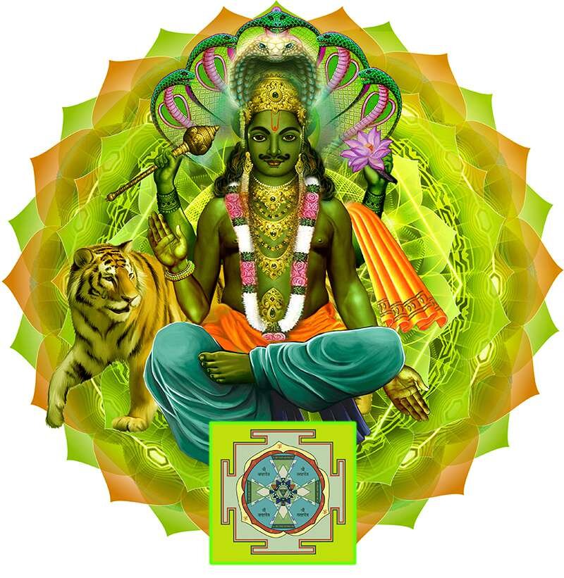 Изображение Раху, теневая планета, которой физически не существует. Божество, способное на время исказить Солнце, дав эффект замутнения в сознании, когда тебе кажется, что ты делаешь что то хорошее, а это выходит боком)