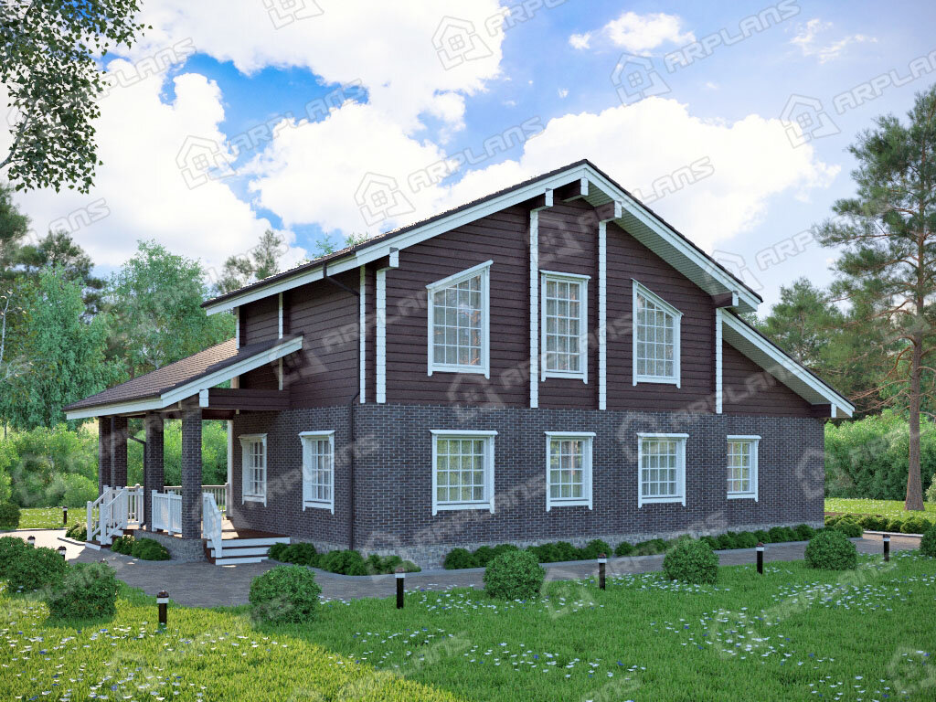 Фото 2 комбинированного дома из газобетона и бруса с мансардой, 4 спальнями, кабинетом, террасой, вторым светом, сауной и газовая котельная. Общая площадь 277 кв м. Источник arplans.ru Проект А-026 