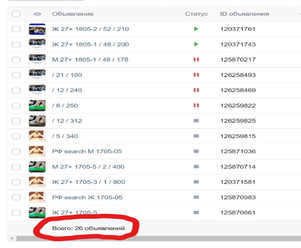 26 объявлений, каждое объявление настроено на свою аудиторию