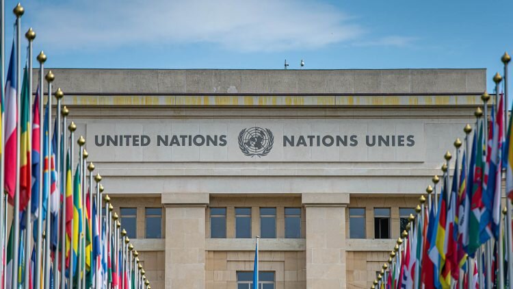    GENEVA, SWITZERLAND - MAY 03: Flags stand outside the United Nations (UN) building in Geneva, Switzerland, on May 3, 2022 in Geneva, Switzerland. Switzerland, which has a long tradition of neutrality in international politics, has joined Europe in a broad selection of sanctions against Russia. (Photo by Robert Hradil/Getty Images) David Harutunov