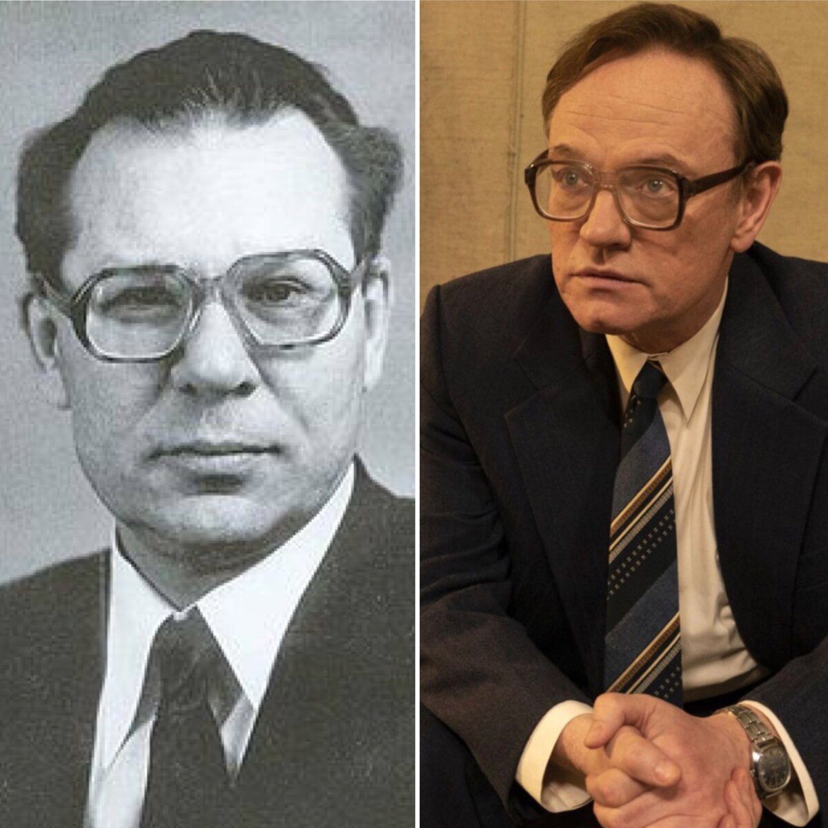 Слева В.А.Легасов, справа Джаред Харрис в роли В.А.Легасова.