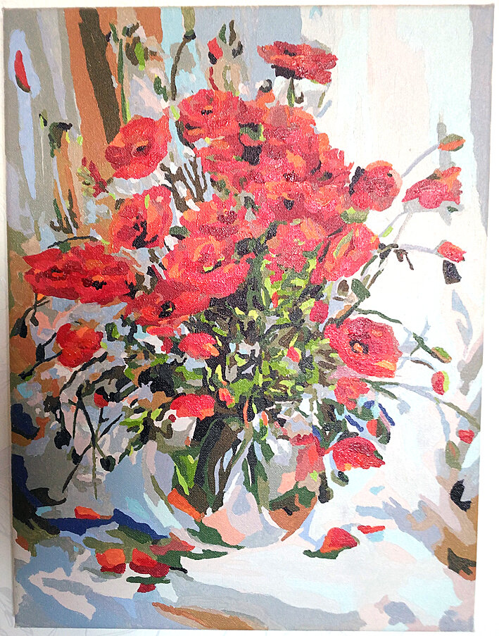 Раскрашенная автором картина по номерам - одно время были популярны маки