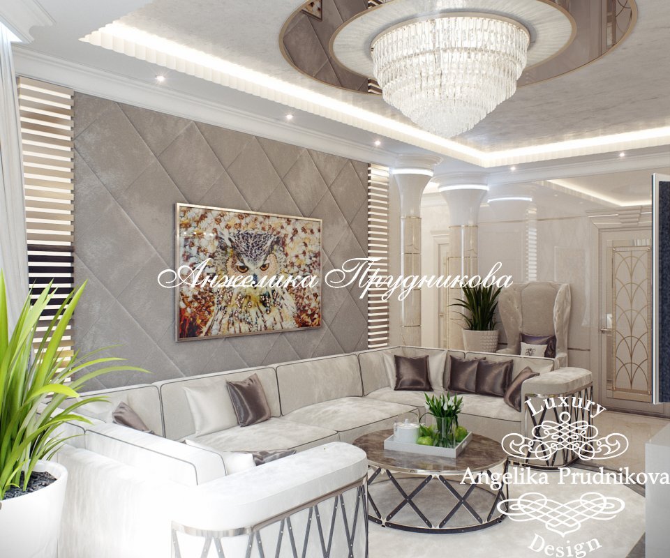 На фото: Зона отдыха с большим П-образным диваном и мягким панно