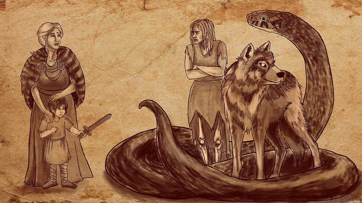 Локи женился на великанше Ангрбоде (сулящая горе), живущей в Железном лесу и родившей ему трёх чудовищ: Хель — богиню смерти, змея Мидгарда Ёрмунганда и волка Фенрира.