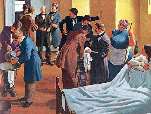 Земмельвейс наблюдает за тем, как молодые врачи моют руки. Изображение из свободных источников