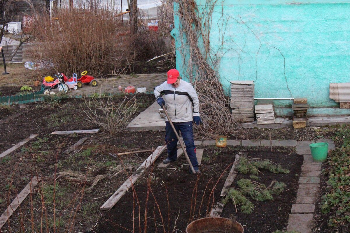 Родственница копается в огороде