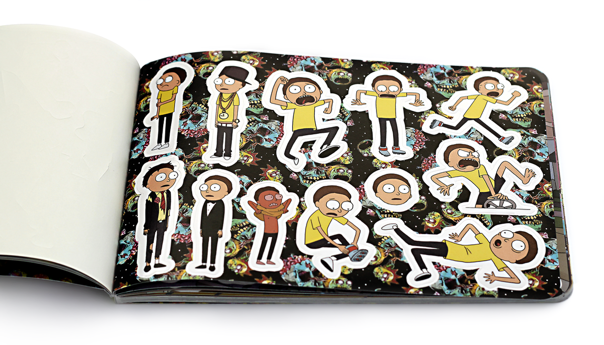 Каталог стикеров «Rick and Morty» издательство «Комильфо», отпечатано в типографии "Любавич". Популярные молодежные герои в брошюре на термоклее, 
24 листа стикеров с надсечками выполнены на пленке Oracal УФ-красками