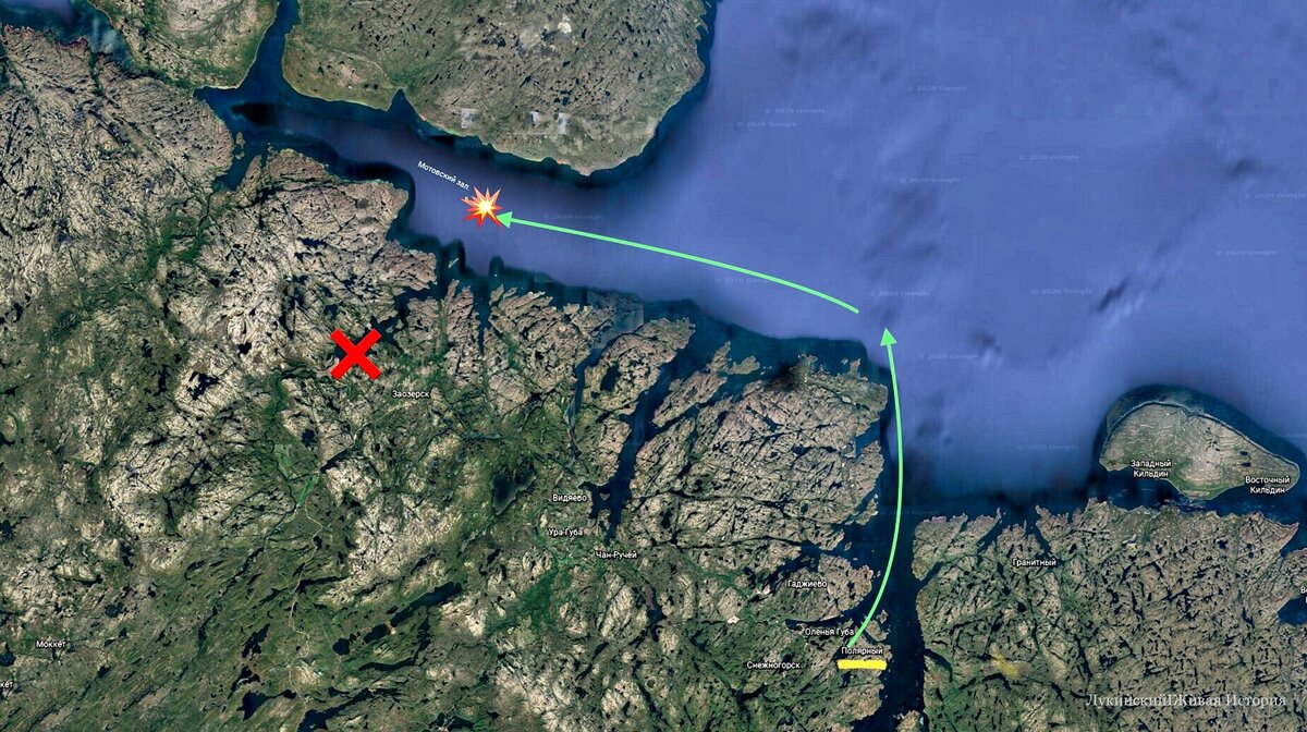 карта последнего похода подлодки Декабрист Д-1 в ноябре 1940. Полярный желтым, секретная немецкая база Норд крестом и возможное место гибели в Мотовском заливе (карта Гугл, рисунок А.Лукинского)