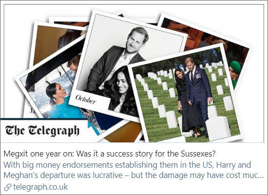 Анонс материала об успехах и неудачах герцогов Сассекских спустя год после Megxit в твиттере The Telegraph (https://twitter.com/Telegraph)