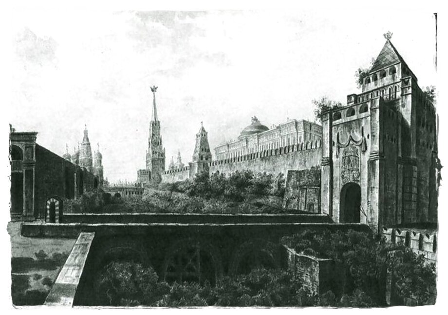 Никольская башня, ворота Московского Кремля (справа) и ров на месте современного кладбища возле Кремлевской стены и (частично) Красная площадь. Акварель.1800 г. Федор Яковлевич Алексеев.