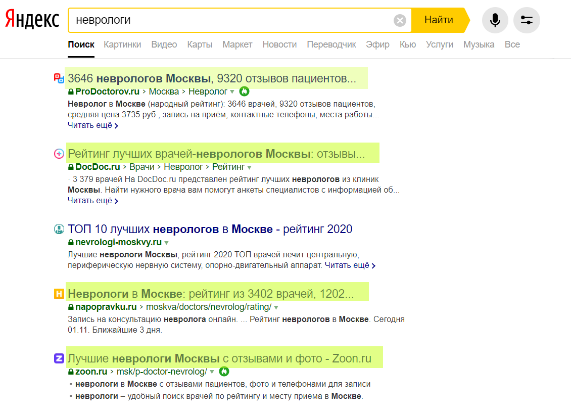 Сайты-агрегаторы отмечены зеленым цветом
