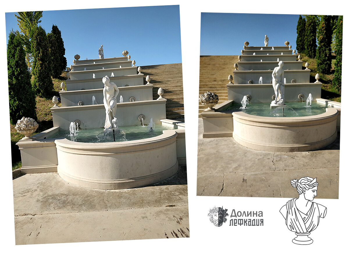 Если оставить машину не как я - на обочине у проходной, а как культурные люди – чуть выше, на организованной парковке, то спускаться будете по лестнице, украшенной вот такими каскадными фонтанами с античными тётками (штраф за надругательство – 5000р.)